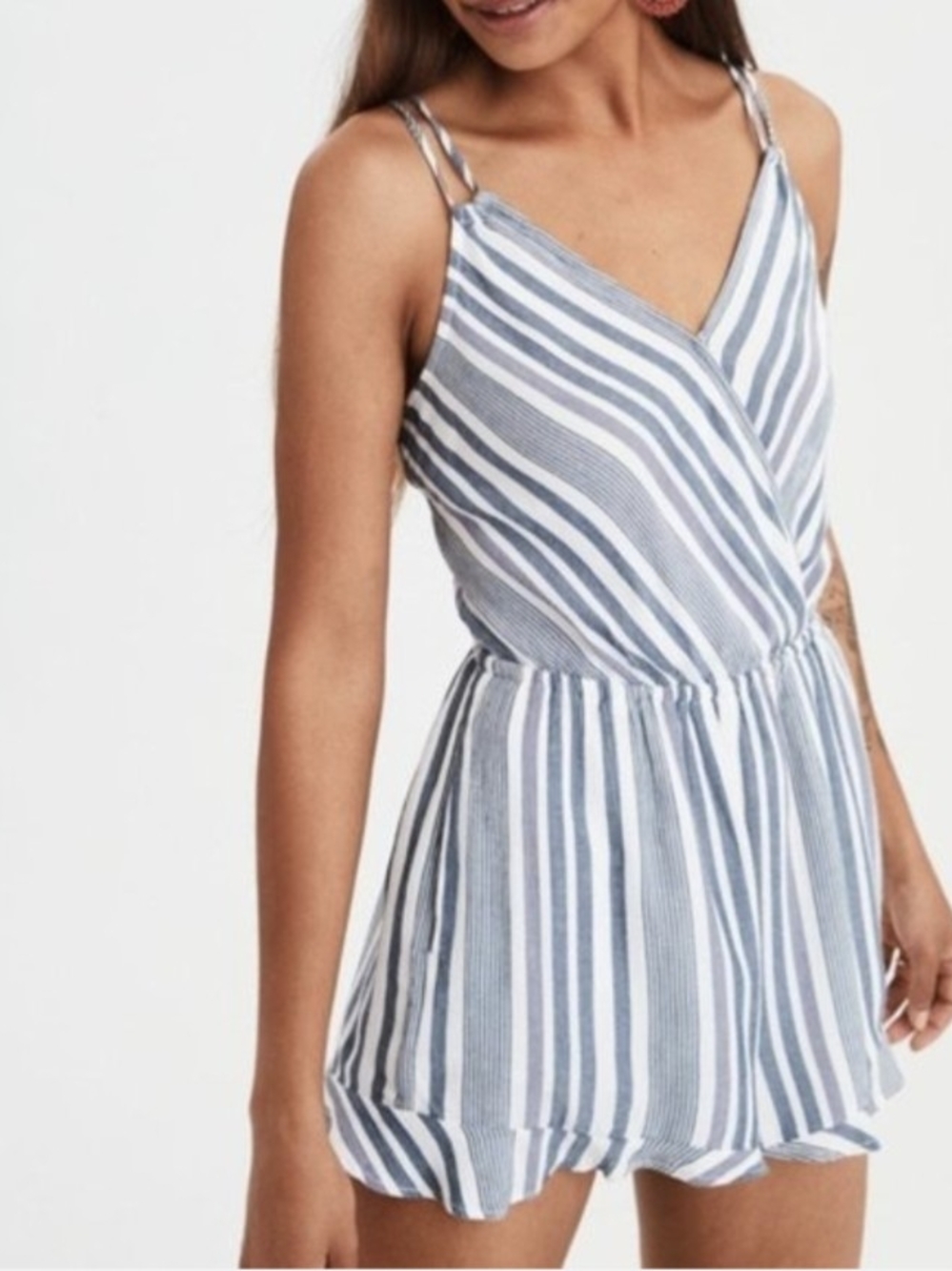 American Eagle Blue and White Striped V-Neck Romper- L
